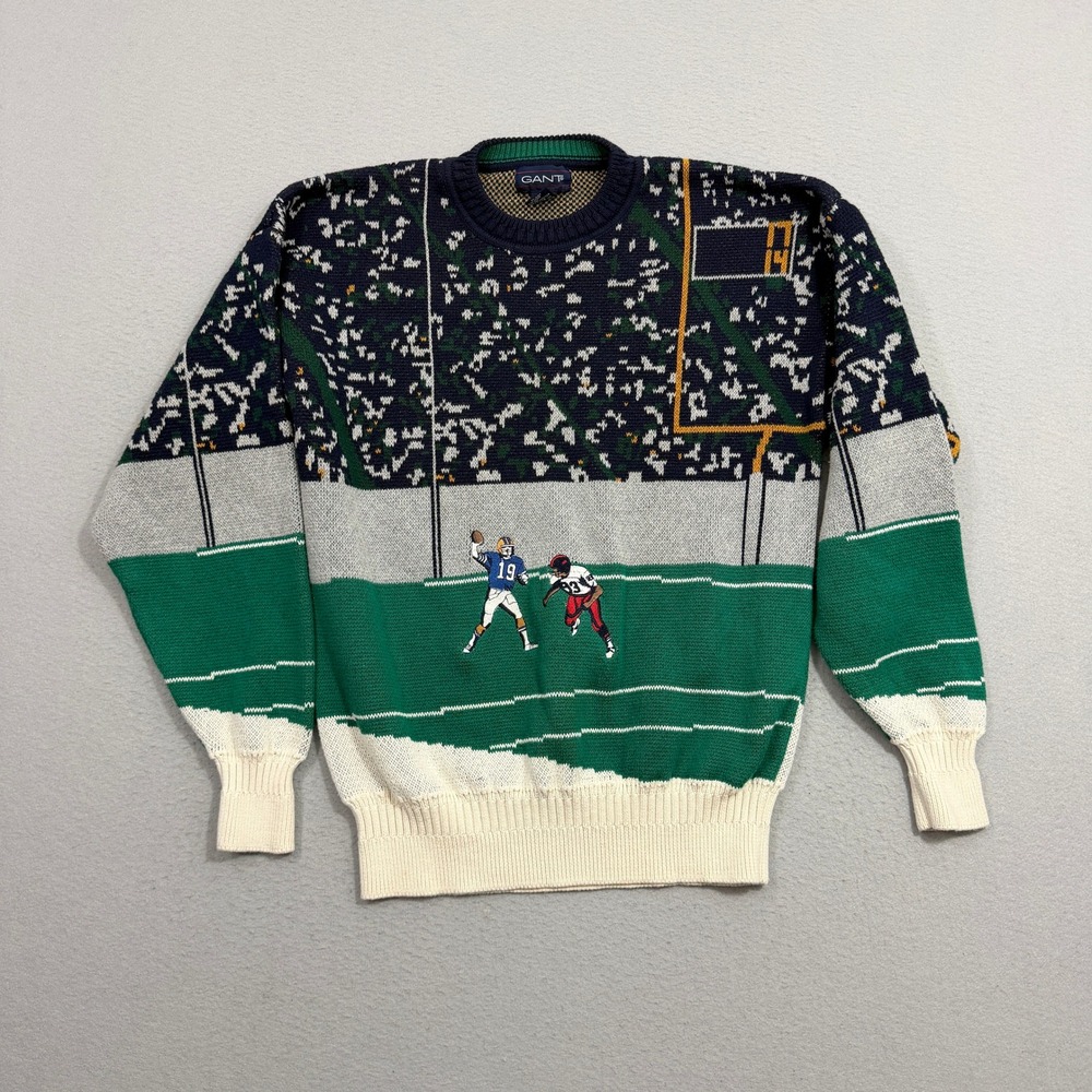 Vintage Gant Sweater Medium Green Football Intarsia Knit Crewneck Cotton 90s